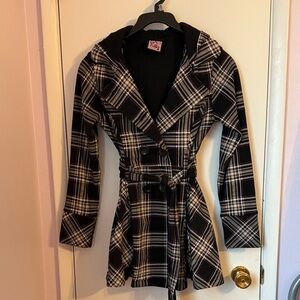 LA Kitty Black and White Plaid Coat, Red Accents hood pockets double breasted